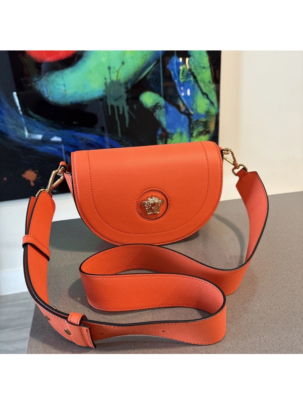 Versace Orange Leather  Shoulder Bag with Medallion Accent